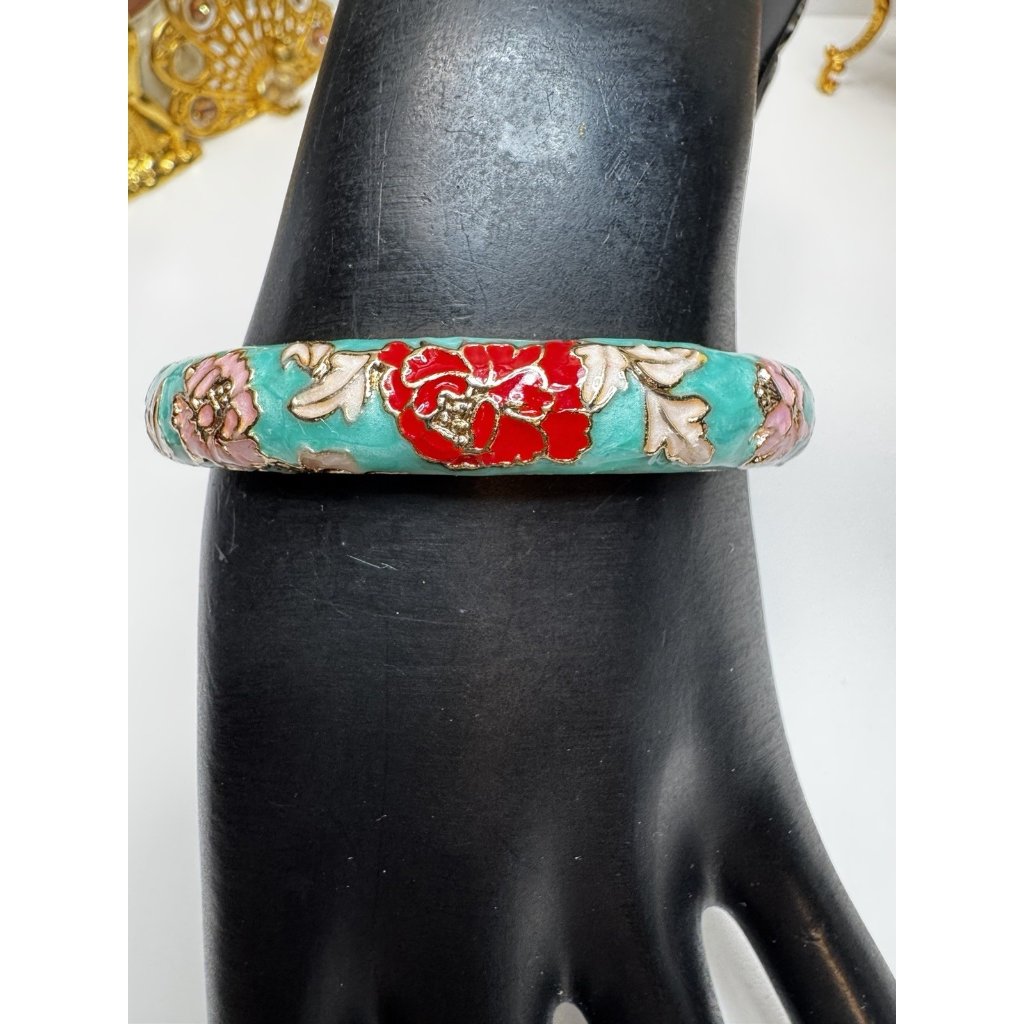 Jiu Long Xing Vintage Floral Cloisonn Turquoise Red Enamel Hinged Bracelet